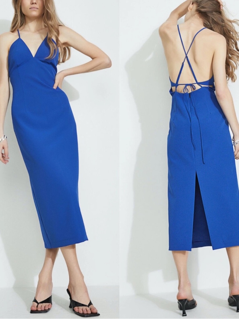 Bardot Blue Strappy Back Midi Dress Size 6 Open Back Bodycon Cocktail Evening